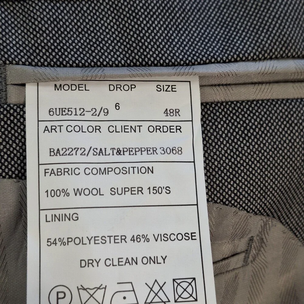 Baroni Suit Mens 48 42x27 Gray Wool Super 150s Double Vent 2 Btn 2 Piece Formal